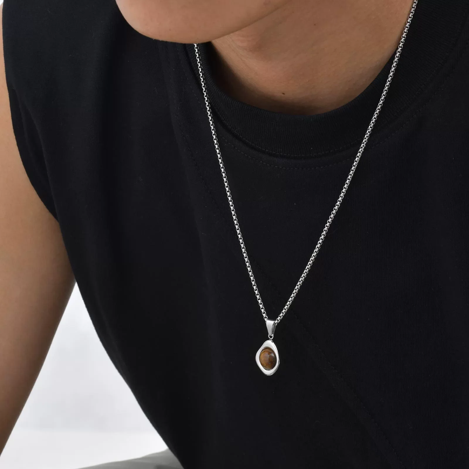 Jewelry Stainless Steel Natural Tiger Eye Stone Agate Stone Geometric Pendant Necklace - Image 4