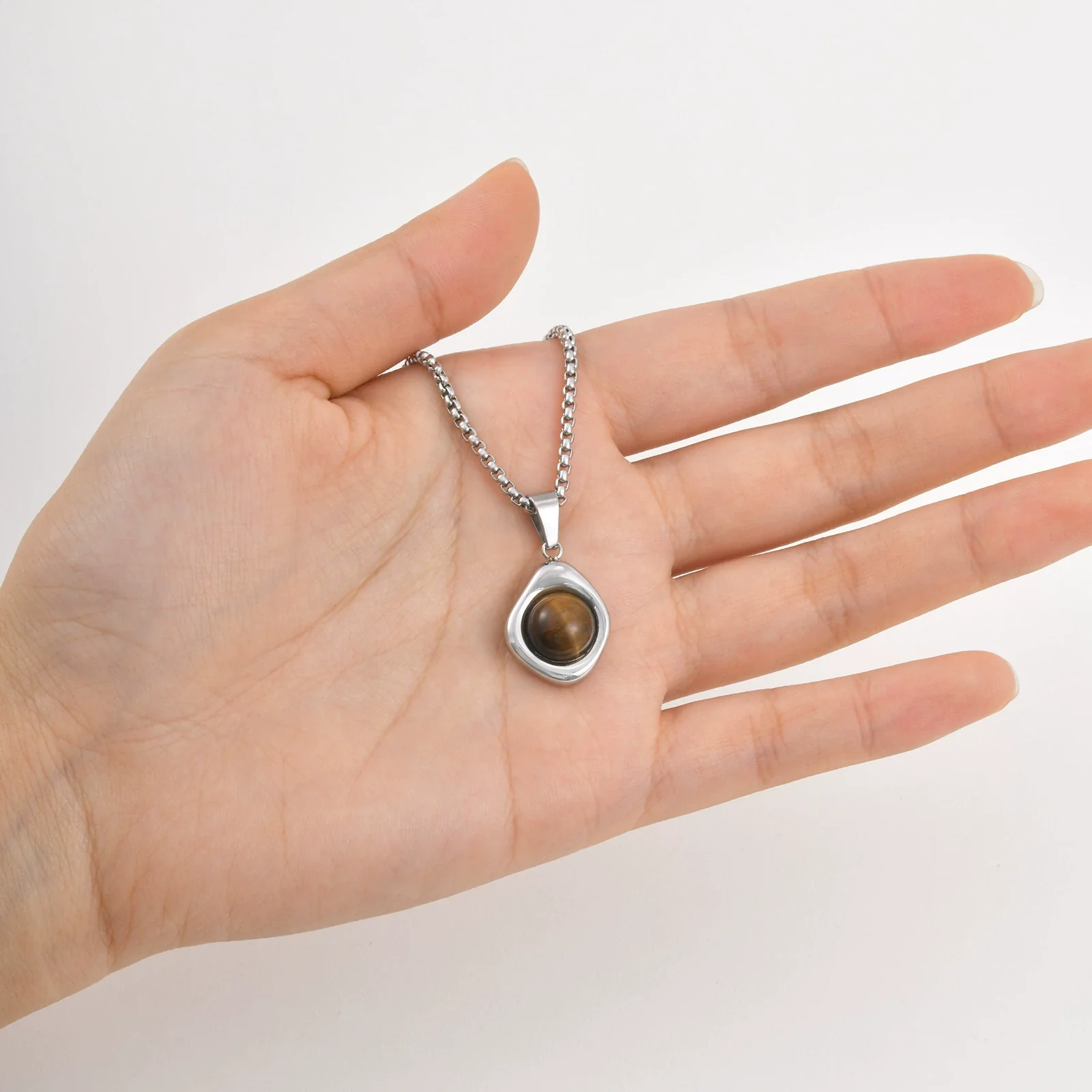Jewelry Stainless Steel Natural Tiger Eye Stone Agate Stone Geometric Pendant Necklace - Image 6