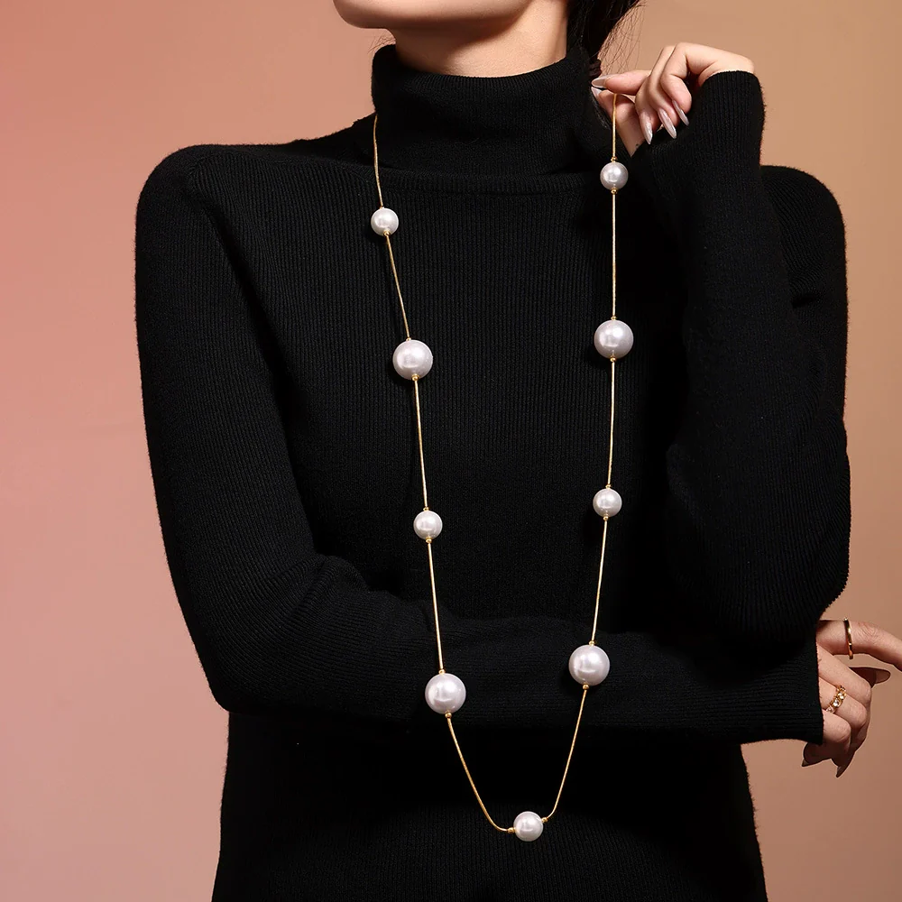 Jewelry Stainless Steel Shell Beads Light Luxury Geometric Pvd Electroplated Sweater Chain For Women - Image 2