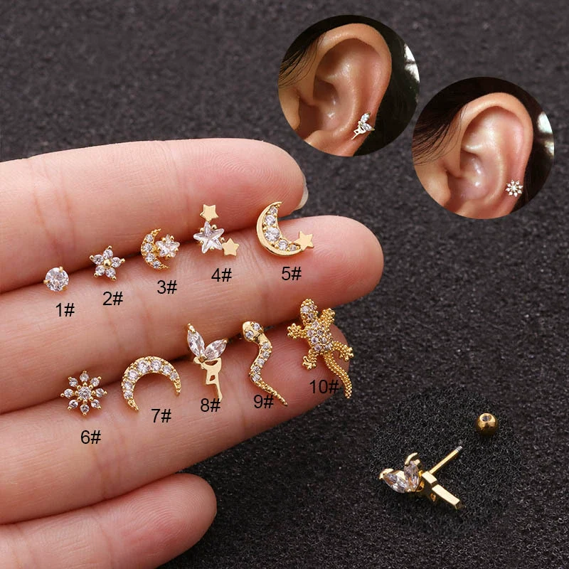 Jewelry Stainless Steel Thin Rod Screw Earrings Zircon Cartilage Earrings With Animals Zodiac Pattern Inlaid Zircon For Women