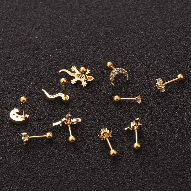 Jewelry Stainless Steel Thin Rod Screw Earrings Zircon Cartilage Earrings With Animals Zodiac Pattern Inlaid Zircon For Women - Image 2