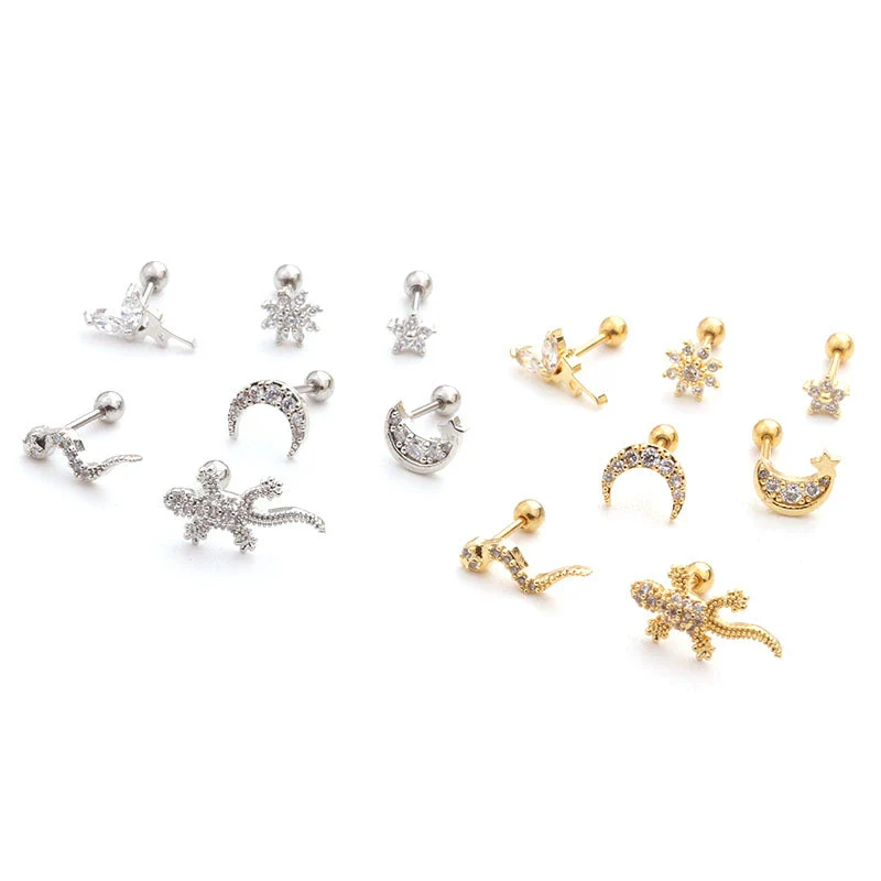 Jewelry Stainless Steel Thin Rod Screw Earrings Zircon Cartilage Earrings With Animals Zodiac Pattern Inlaid Zircon For Women - Image 5