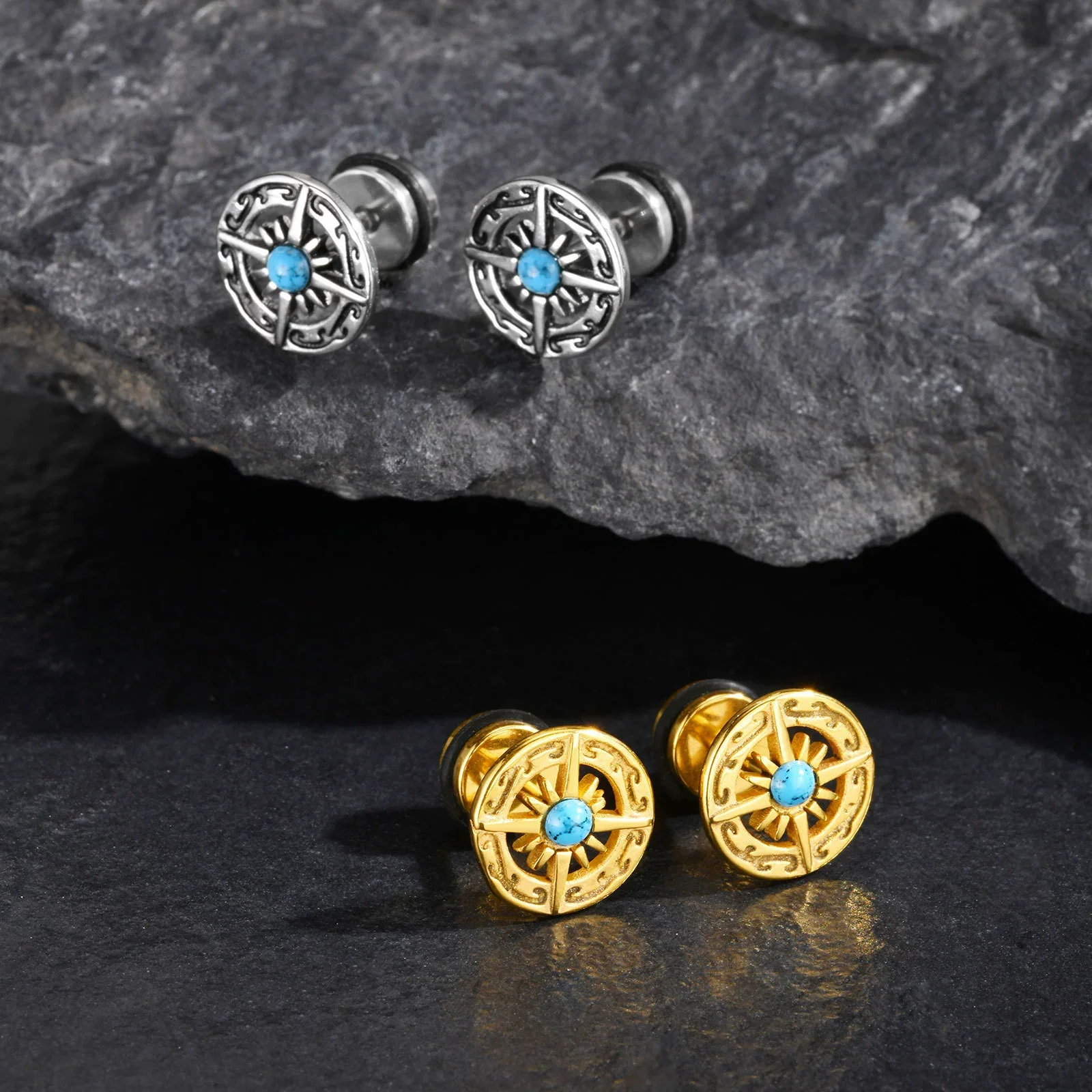 Jewelry Stainless Steel Turquoise Compass Retro Geometric Electroplated Men's Earrings - Image 3