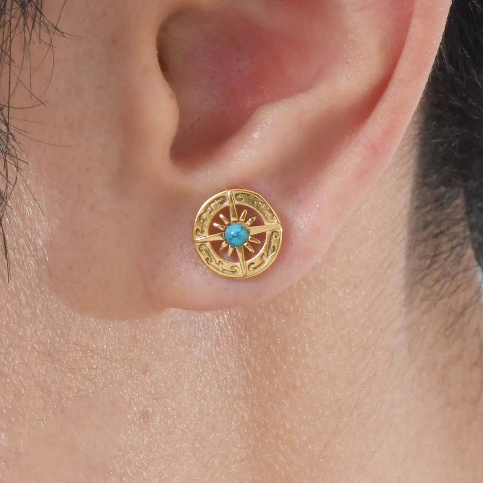 Jewelry Stainless Steel Turquoise Compass Retro Geometric Electroplated Men's Earrings - Image 4