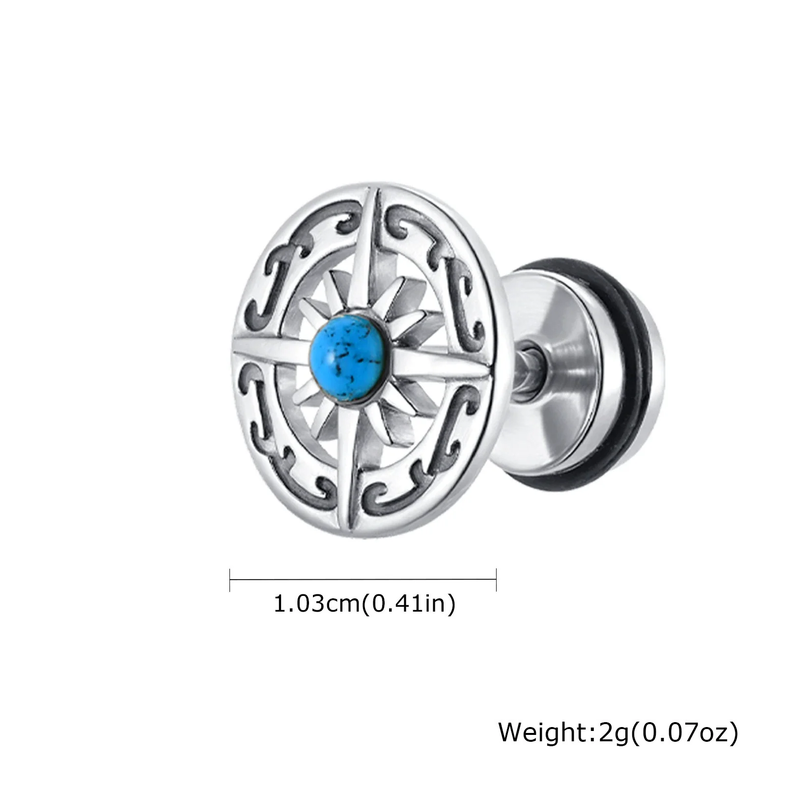 Jewelry Stainless Steel Turquoise Compass Retro Geometric Electroplated Men's Earrings - Image 6