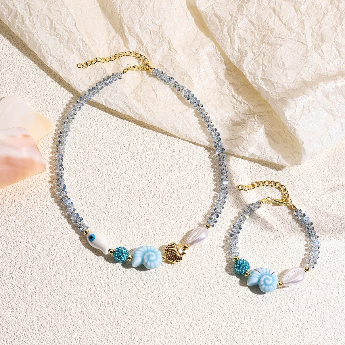 Jewelry Starfish Shell Artificial Crystal Marine Life Set With Diamonds Necklace Bracelet For Women - Image 9