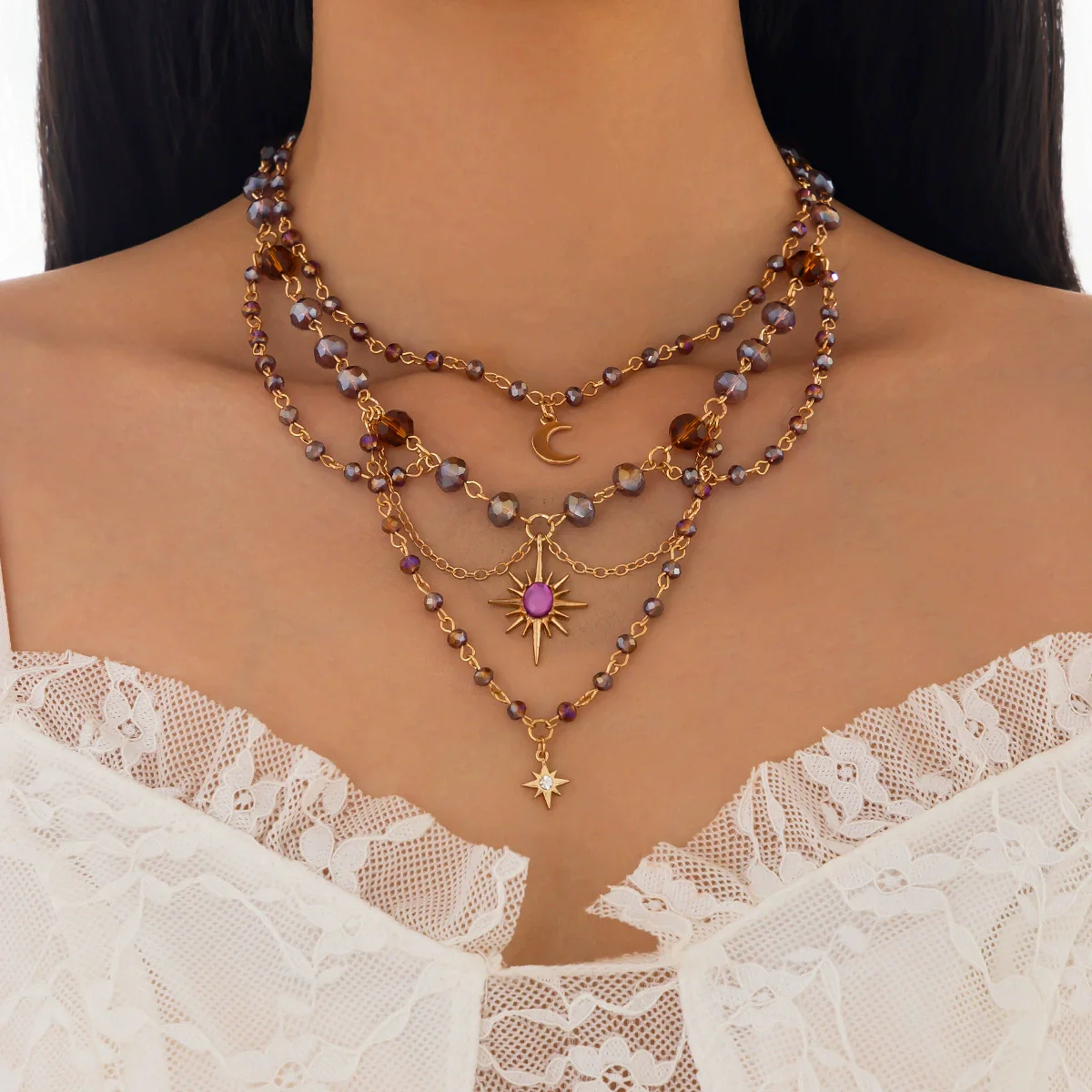 Jewelry Sweet Style Alloy Imitation Crystal Acrylic Diamond Star Shape Electroplated Tassel Pendant Clavicle Chain - Image 6