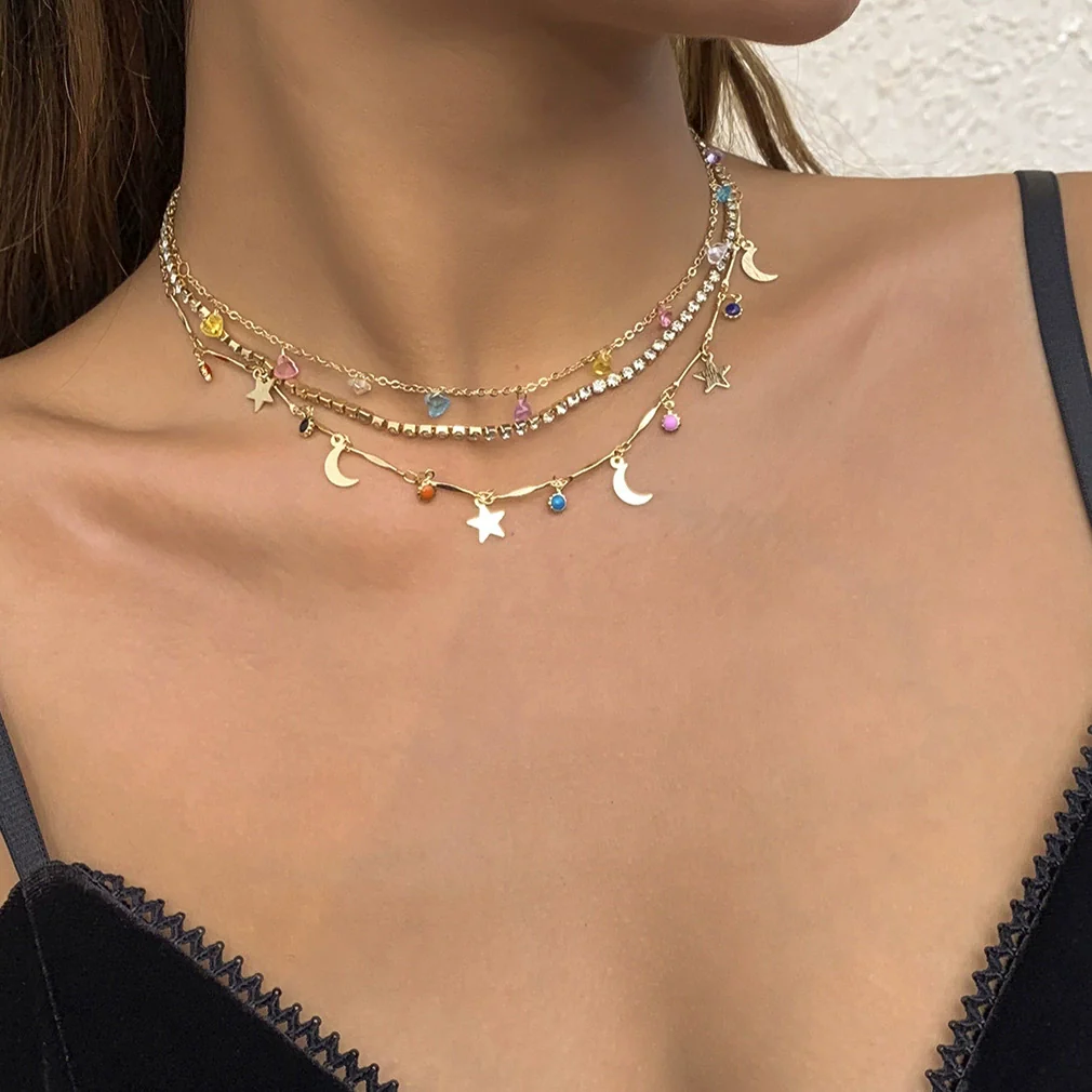 Jewelry Sweet Style Colorful Love Star And Moon Pendant Necklace Handmade With Alloy Acrylic Claw Chain And Iron Chain Geometric Pattern Electroplated
