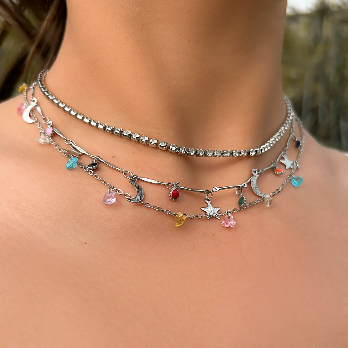 Jewelry Sweet Style Colorful Love Star And Moon Pendant Necklace Handmade With Alloy Acrylic Claw Chain And Iron Chain Geometric Pattern Electroplated - Image 2