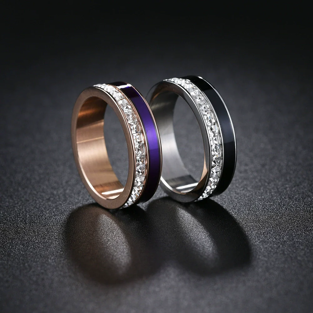 Jewelry Titanium Steel Couple Rings Inlaid With Square Diamonds U Shape Vacuum Plating