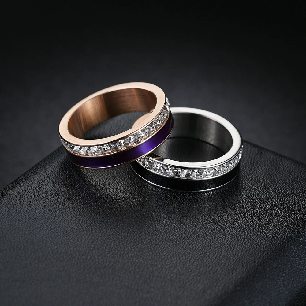 Jewelry Titanium Steel Couple Rings Inlaid With Square Diamonds U Shape Vacuum Plating - Image 2