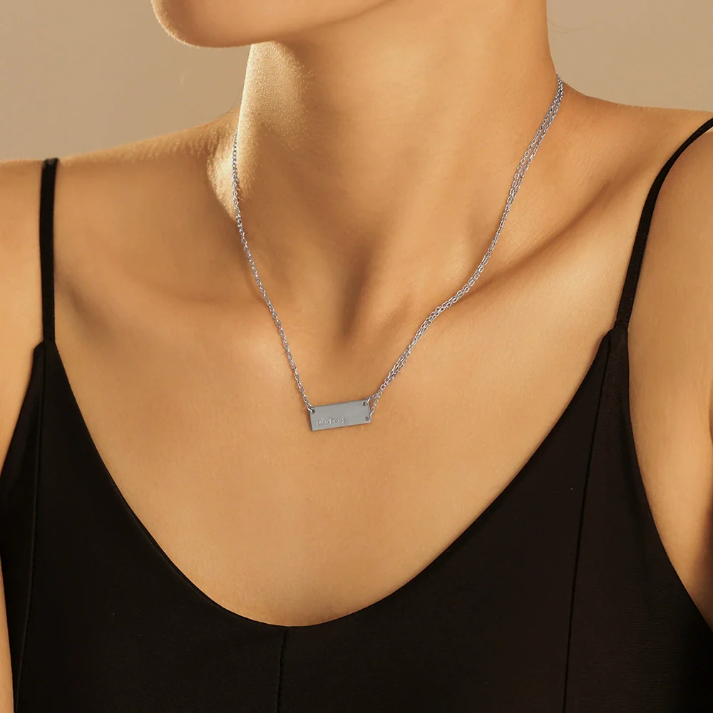 Jewelry Titanium Steel Geometric Rectangular Carved Letter Pendant Necklace Electroplating Style For Men And Women - Image 3