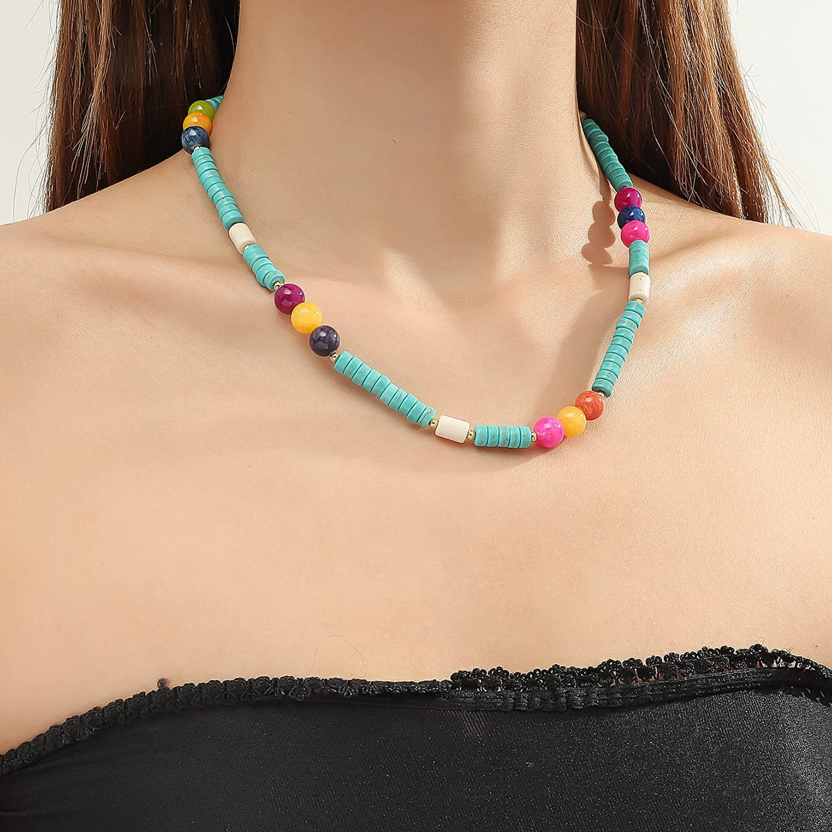 Jewelry Turquoise Pearl Handmade Geometric Pendant Ball Chain Necklace For Women - Image 4