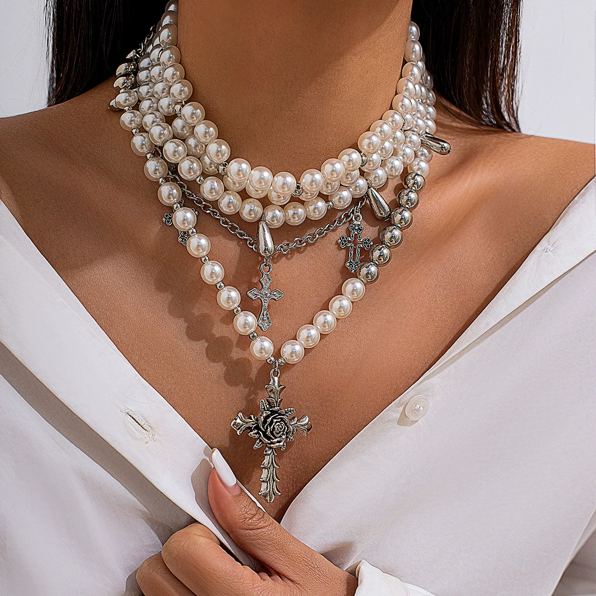 Jewelry Vintage Baroque Clavicle Chain Imitation Pearl Alloy Geometric Electroplating - Image 2