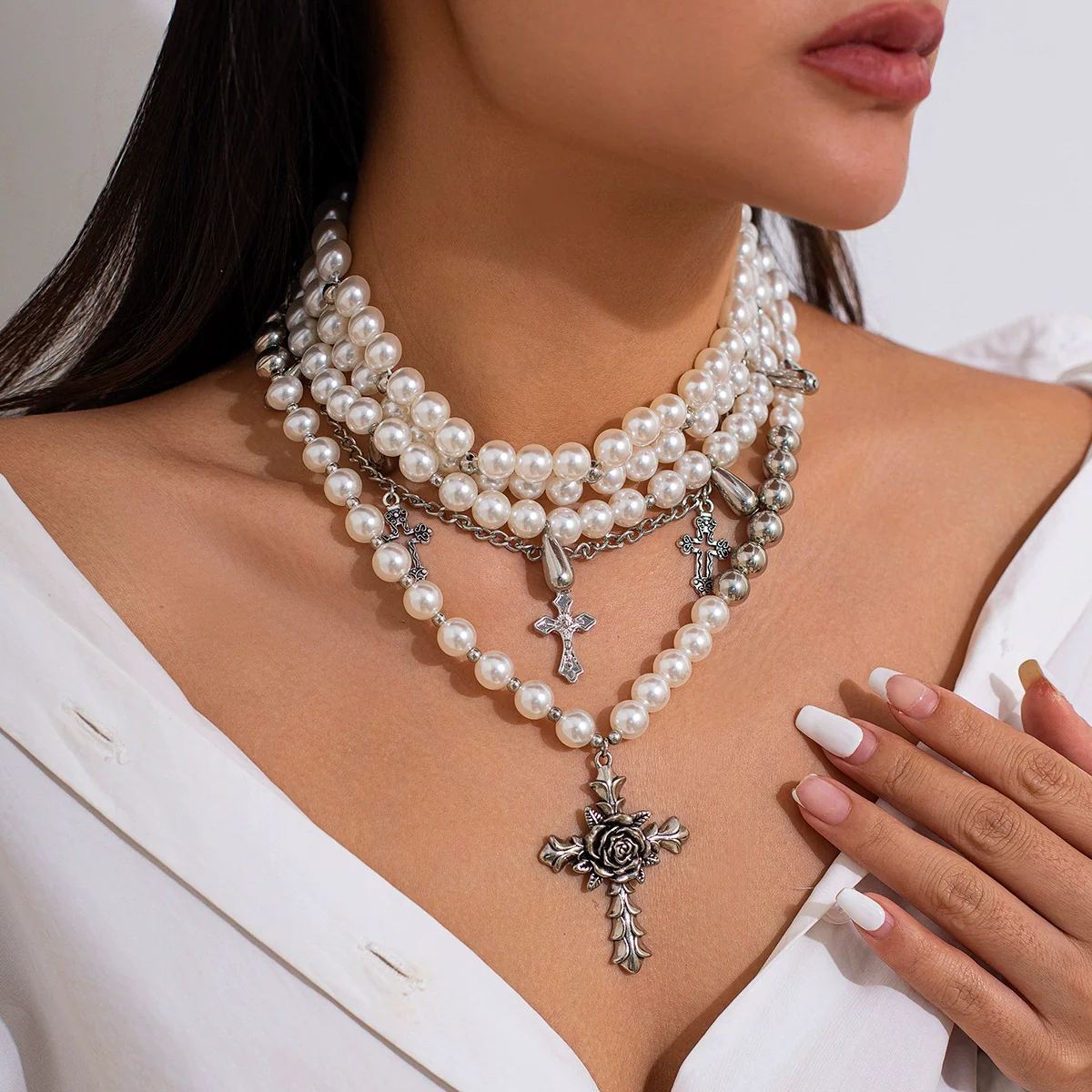 Jewelry Vintage Baroque Clavicle Chain Imitation Pearl Alloy Geometric Electroplating - Image 3