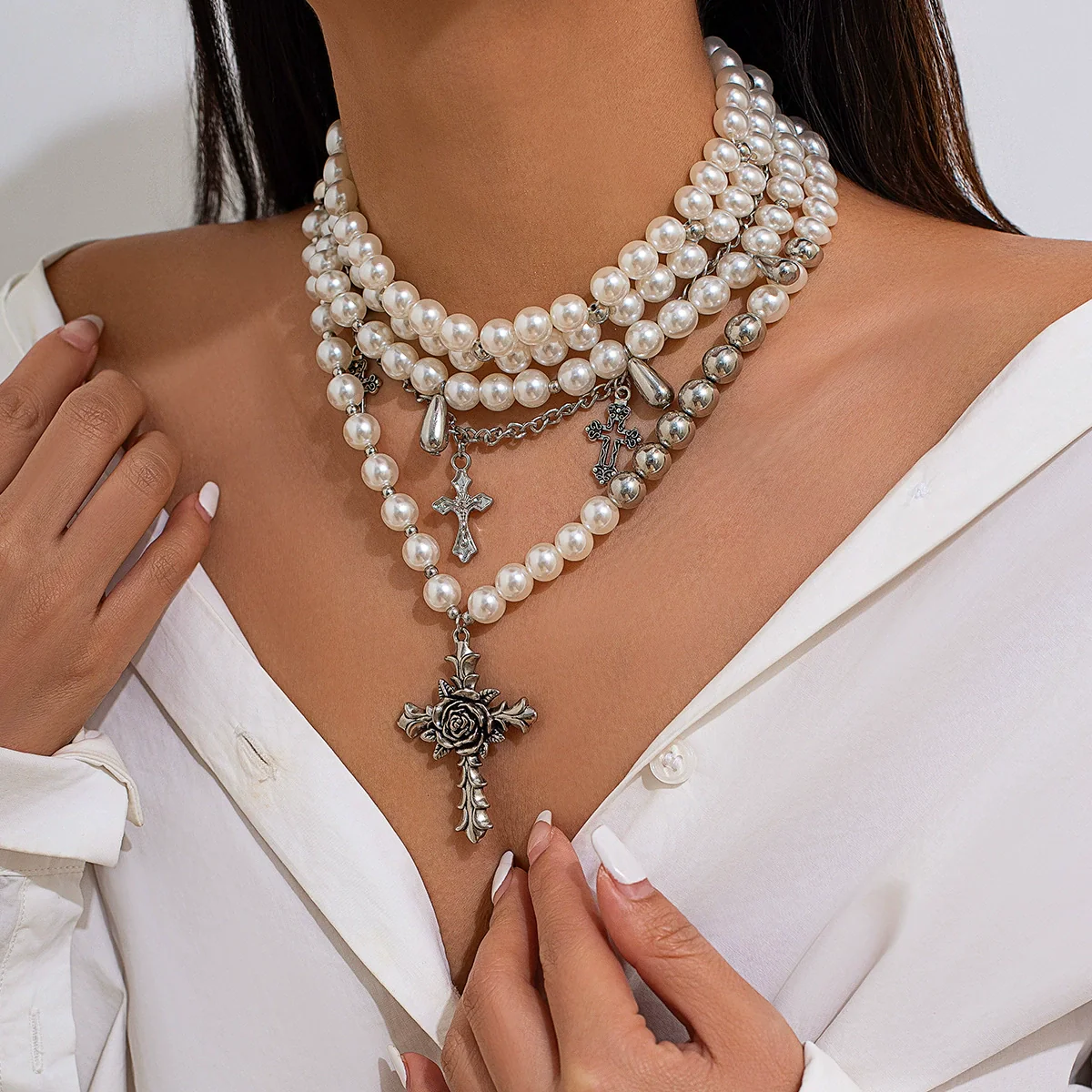 Jewelry Vintage Baroque Clavicle Chain Imitation Pearl Alloy Geometric Electroplating - Image 6