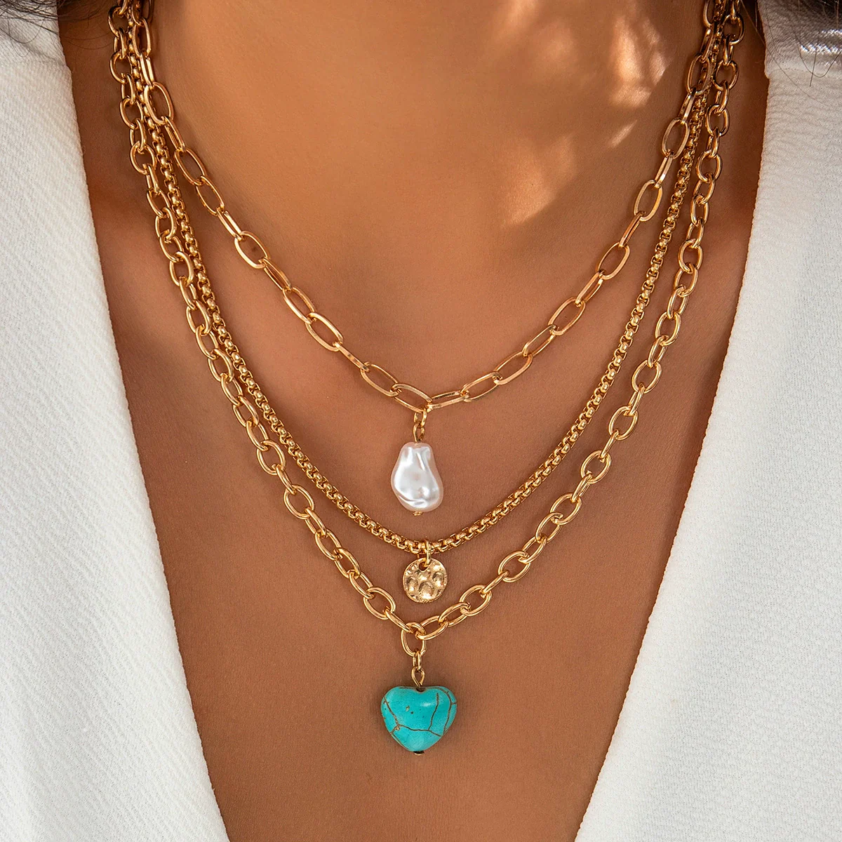 Jewelry Vintage Baroque Imitation Pearl Alloy Heart Shaped Geometric Cross Chain Necklace For Women