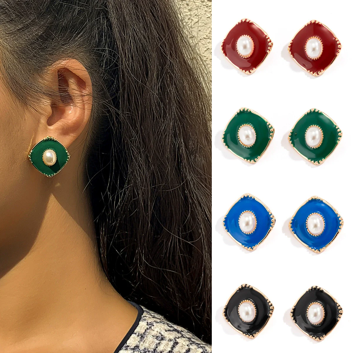 Jewelry Vintage Fragrant Style Heartshaped Geometric Round Earrings For Women Dripping Oil Alloy Imitation Pearl Electroplating - Image 3