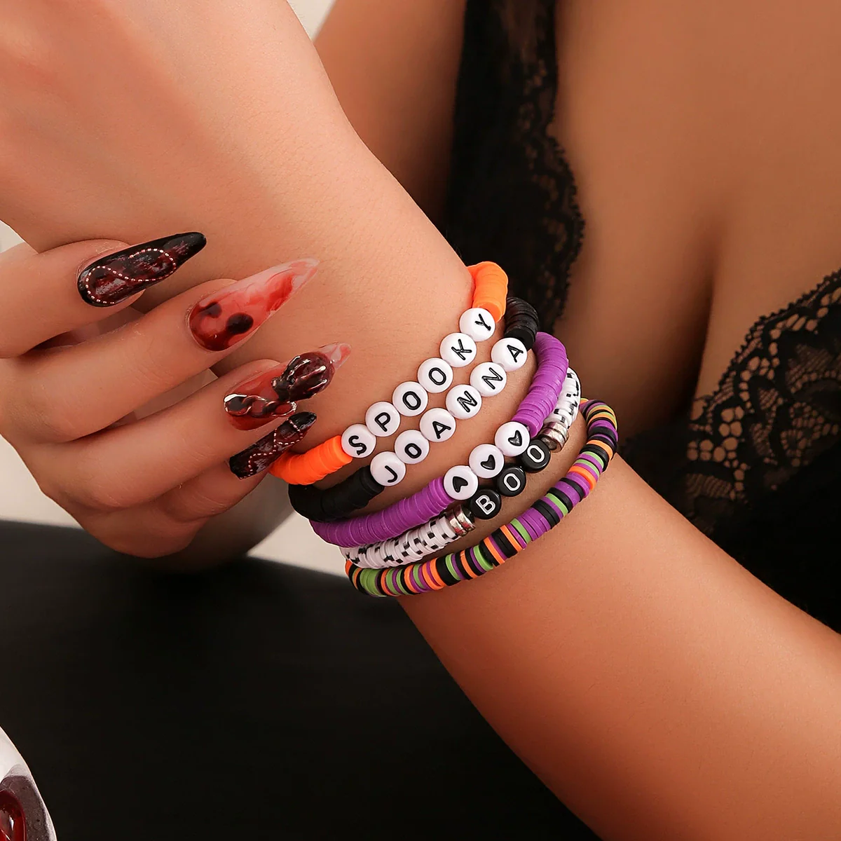 Jewelry Vintage Gothic Style Acrylic Plastic Resin Letters Beaded Elastic Multi Layer Handmade Bracelet - Image 7