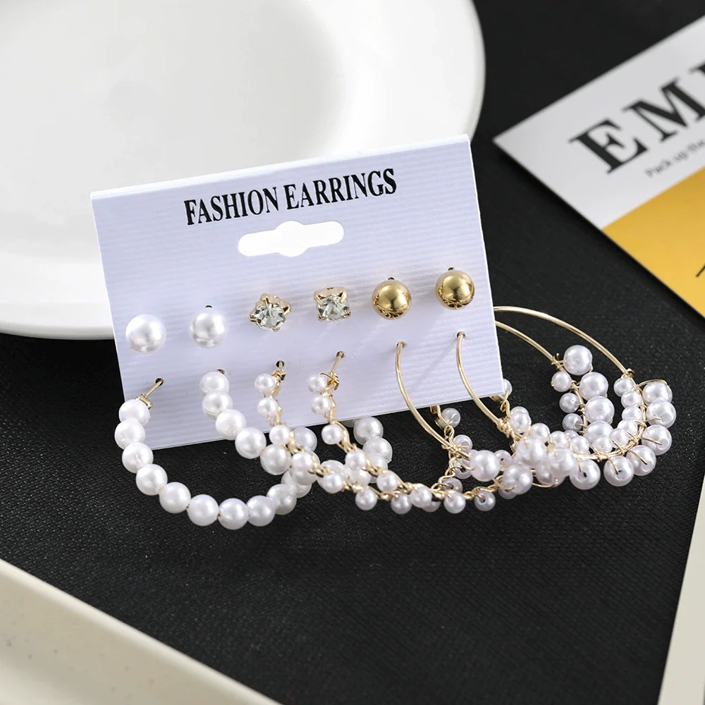 Jewelry White Pearl Geometric Star Rhinestone Metal Earrings Set With Heart Design - Image 4