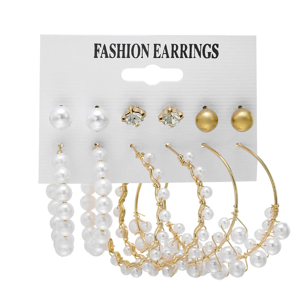 Jewelry White Pearl Geometric Star Rhinestone Metal Earrings Set With Heart Design - Image 8