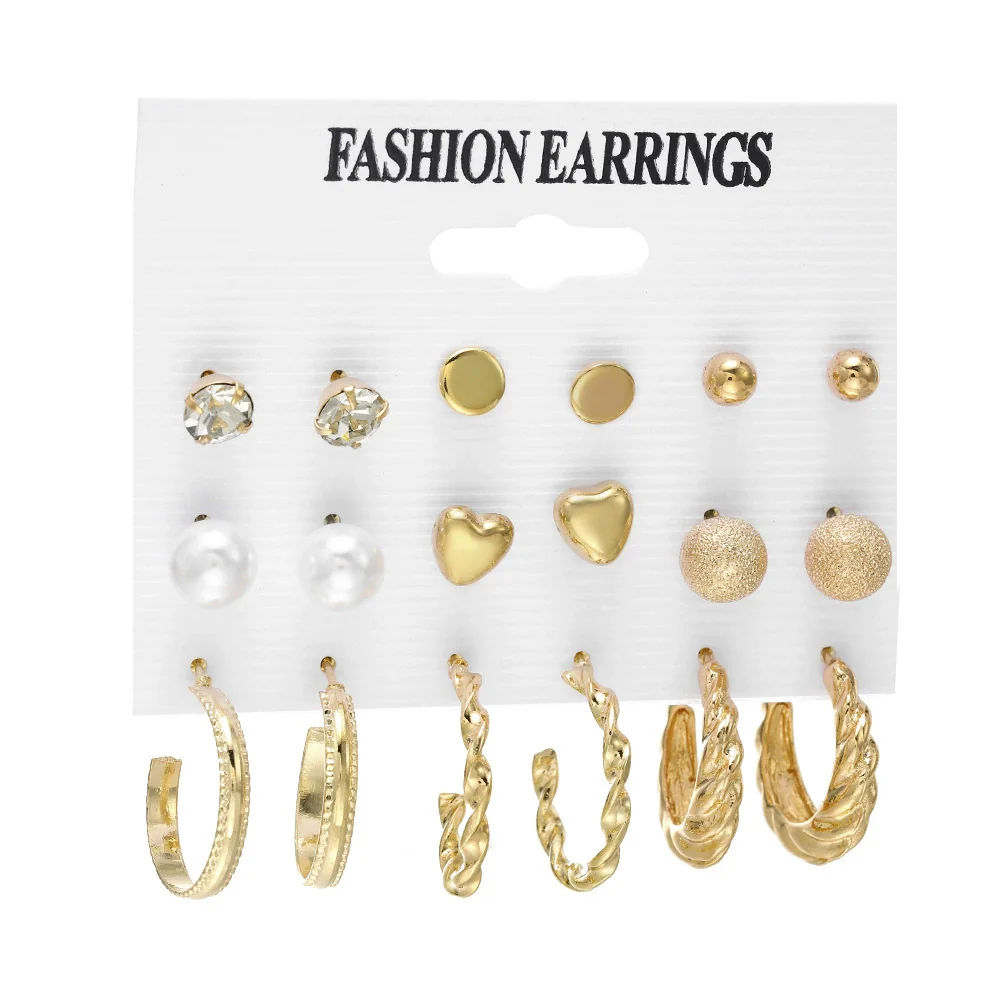 Jewelry White Pearl Geometric Star Rhinestone Metal Earrings Set With Heart Design - Image 9