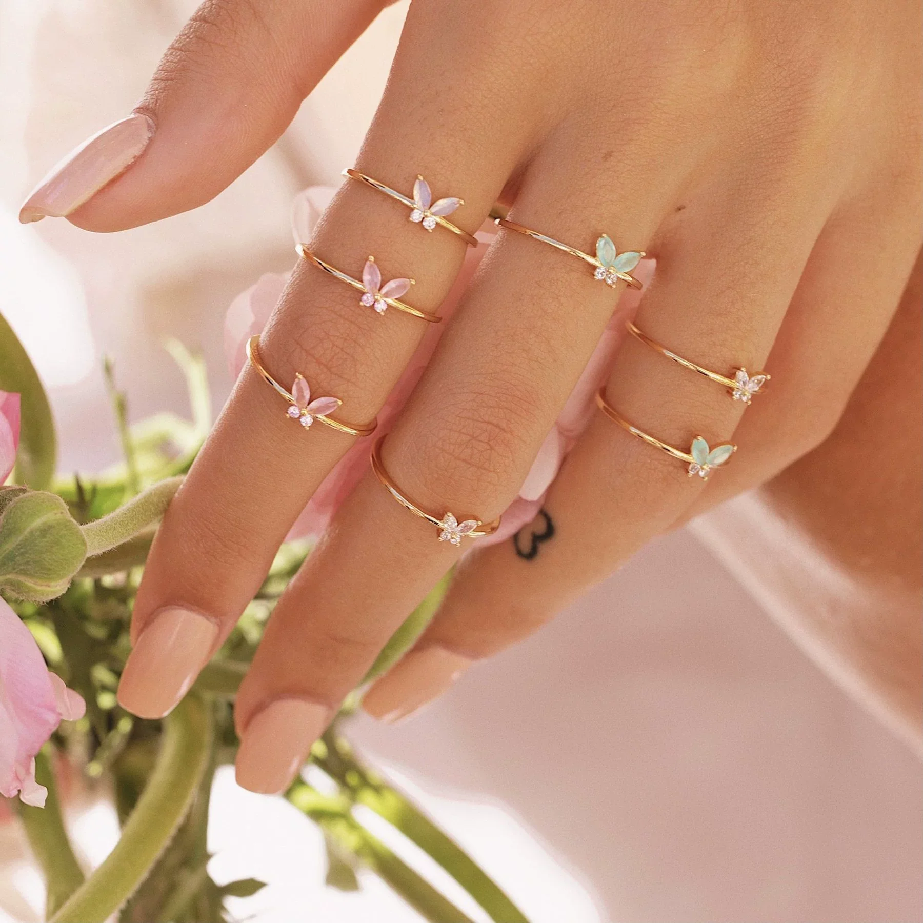 Jewelry Women's Colorful Zircon Ring With Bear Heart Flower Butterfly Fruit Pattern Environmental Protection Copper Real Gold Plated Electroplating