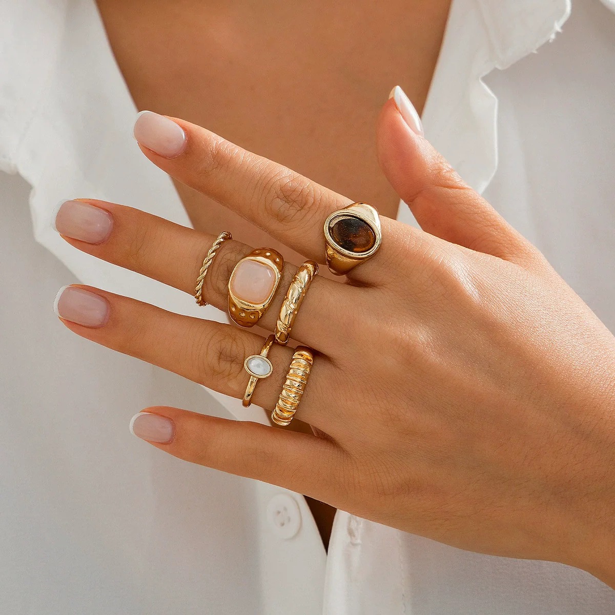 Jewelry Zinc Alloy Geometric Inlaid Ring Set Cold Style Electroplating For Women - Image 2