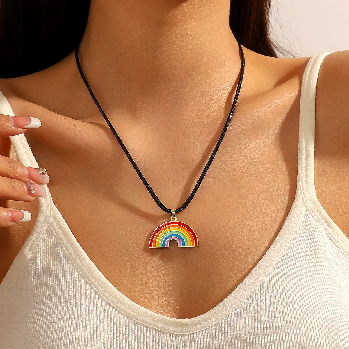 Jewelry Zinc Alloy Geometric Rainbow Pendant Clavicle Chain Multi Layer Couple Necklace - Image 2