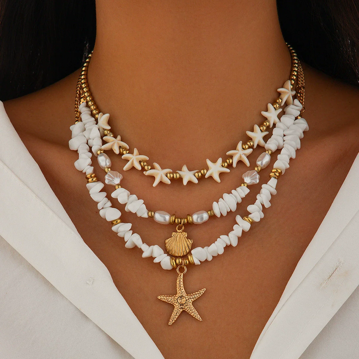 Jewelry Zinc Alloy Resin Beaded Necklace With Starfish Shell Star Shape Retro Electroplating For Women - Image 13