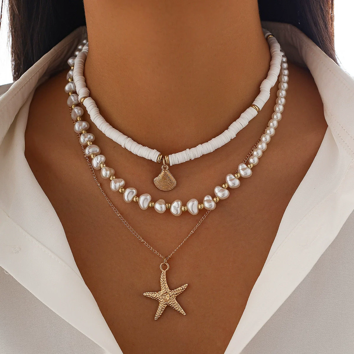 Jewelry Zinc Alloy Resin Beaded Necklace With Starfish Shell Star Shape Retro Electroplating For Women - Image 15