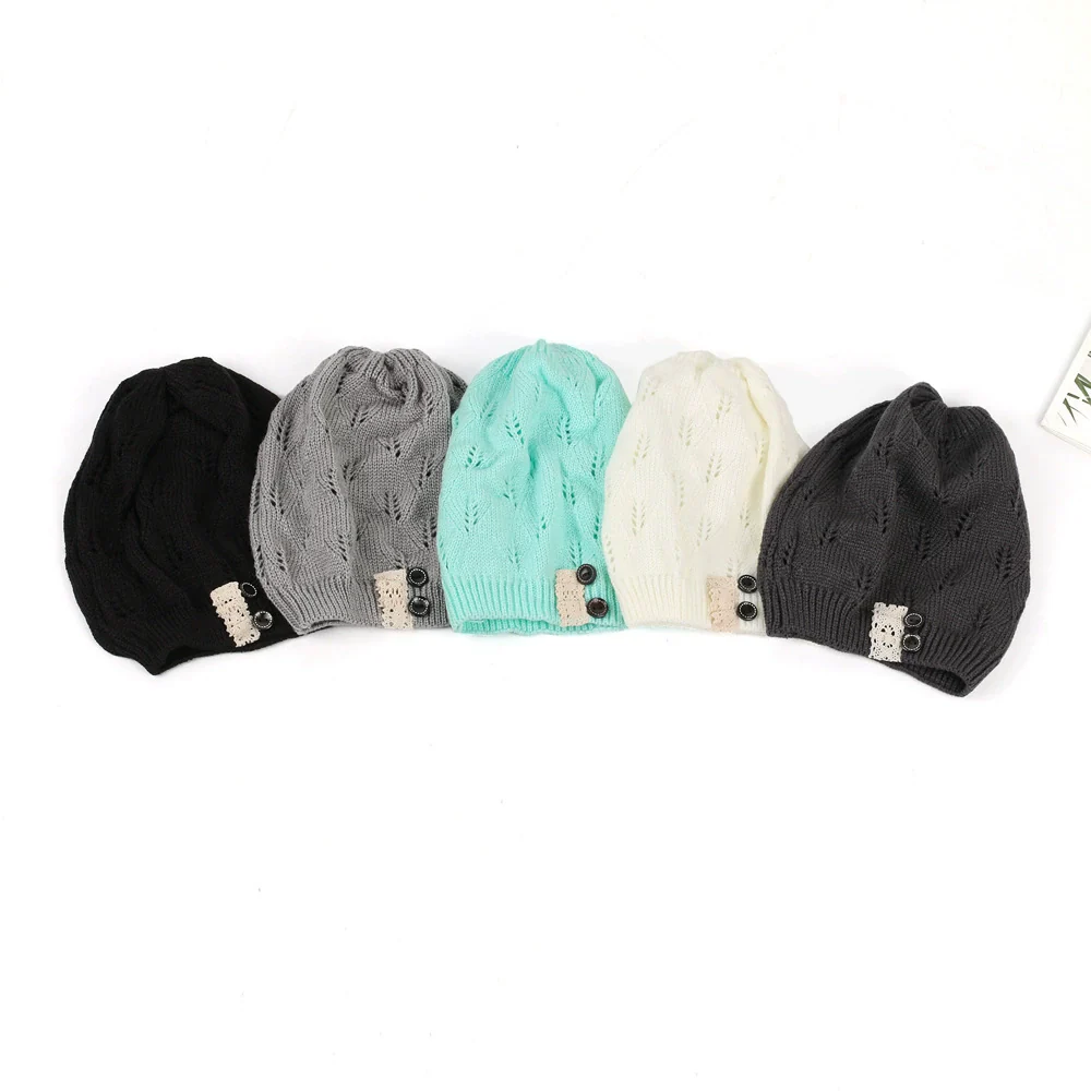 Knitted Acrylic Women's Hat With Hollow Leaves Lace Button Jacquard Patchwork Design - Image 2