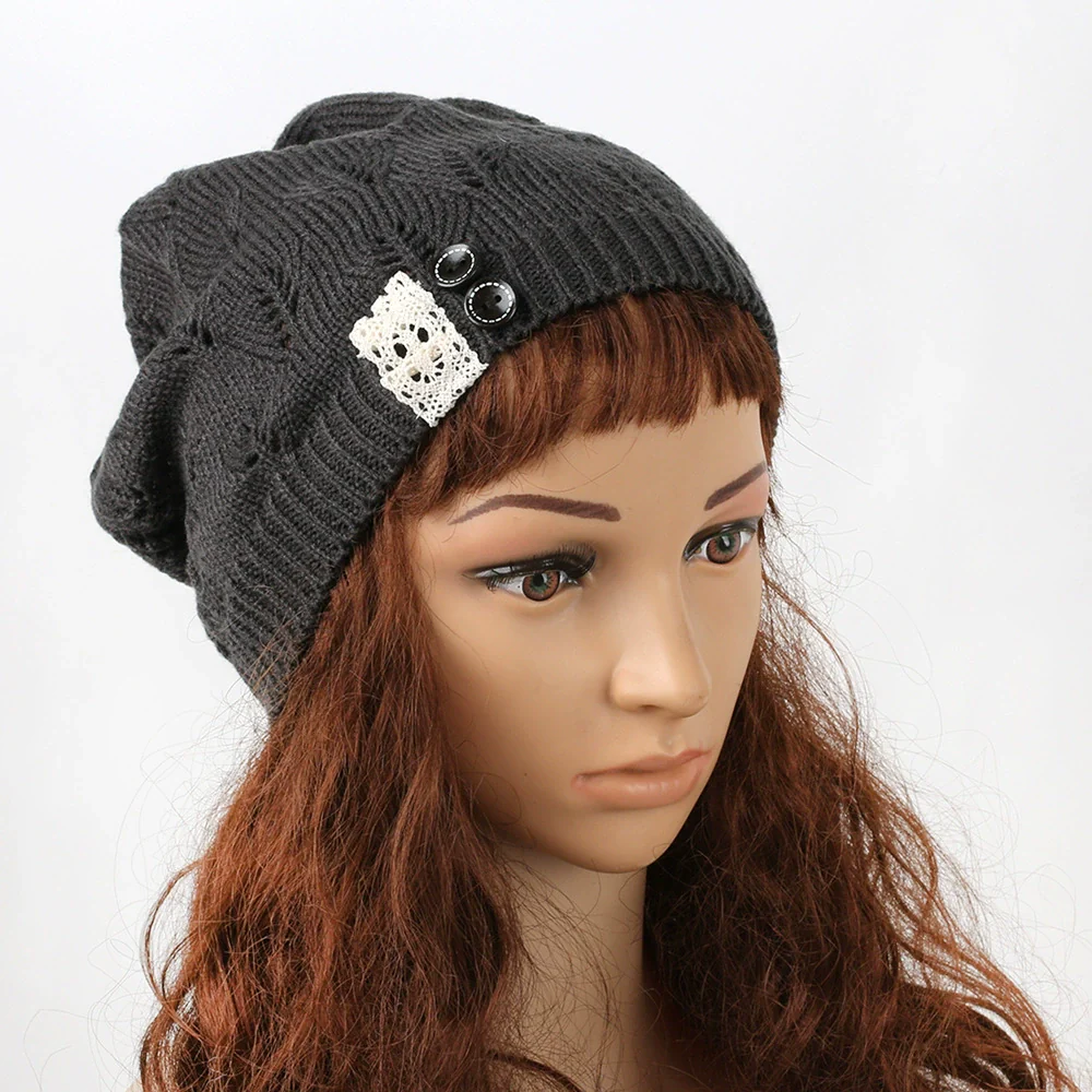 Knitted Acrylic Women's Hat With Hollow Leaves Lace Button Jacquard Patchwork Design - Image 5