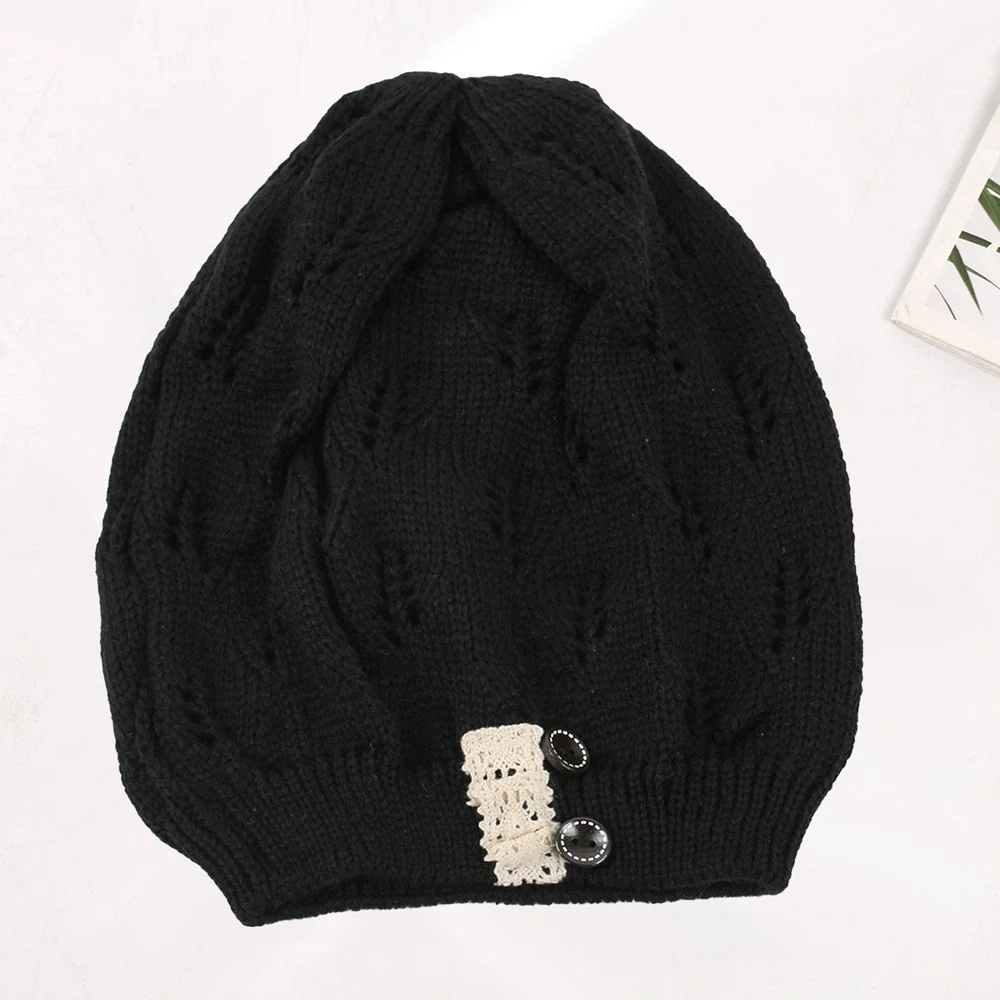 Knitted Acrylic Women's Hat With Hollow Leaves Lace Button Jacquard Patchwork Design - Image 7