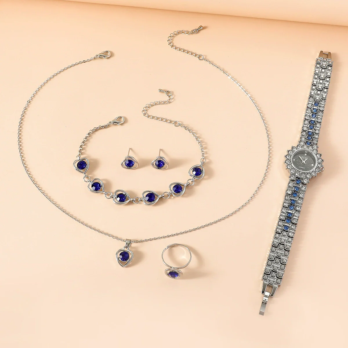 Ladies Alloy And Stainless Steel Leisure Round Dial Quartz Watch And Jewelry Set