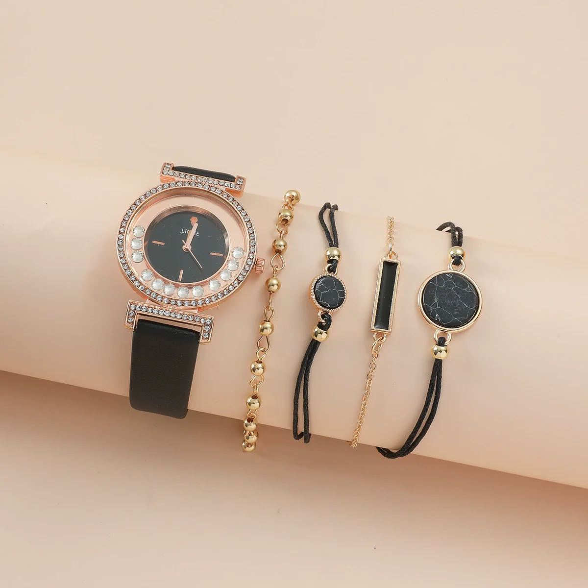 Ladies Alloy Case Imitation Leather Strap Round Dial Diamond Watch - Image 3