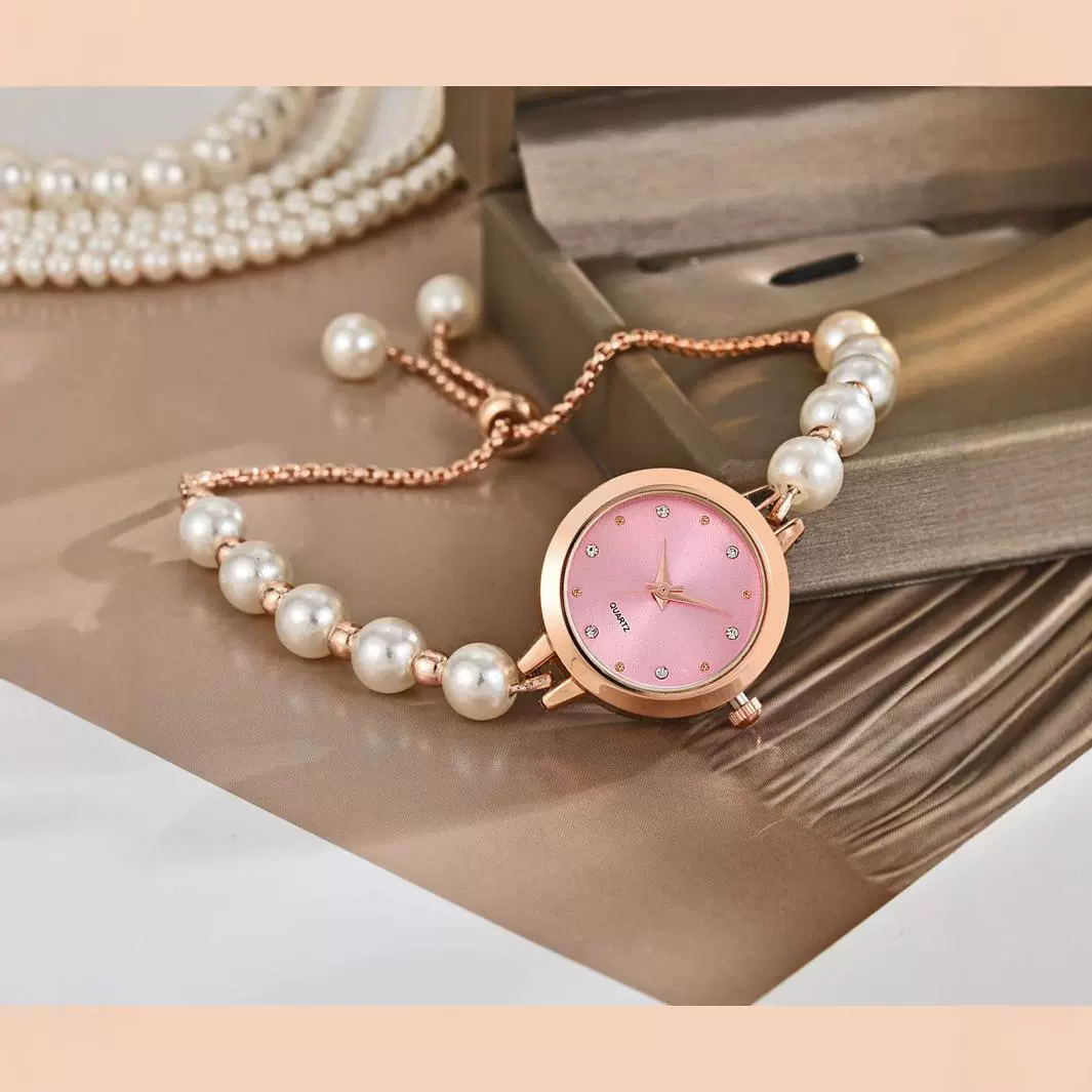 Ladies Alloy Strap Round Dial Quartz Watch With Pearl Decor And Fashion Style - Image 3
