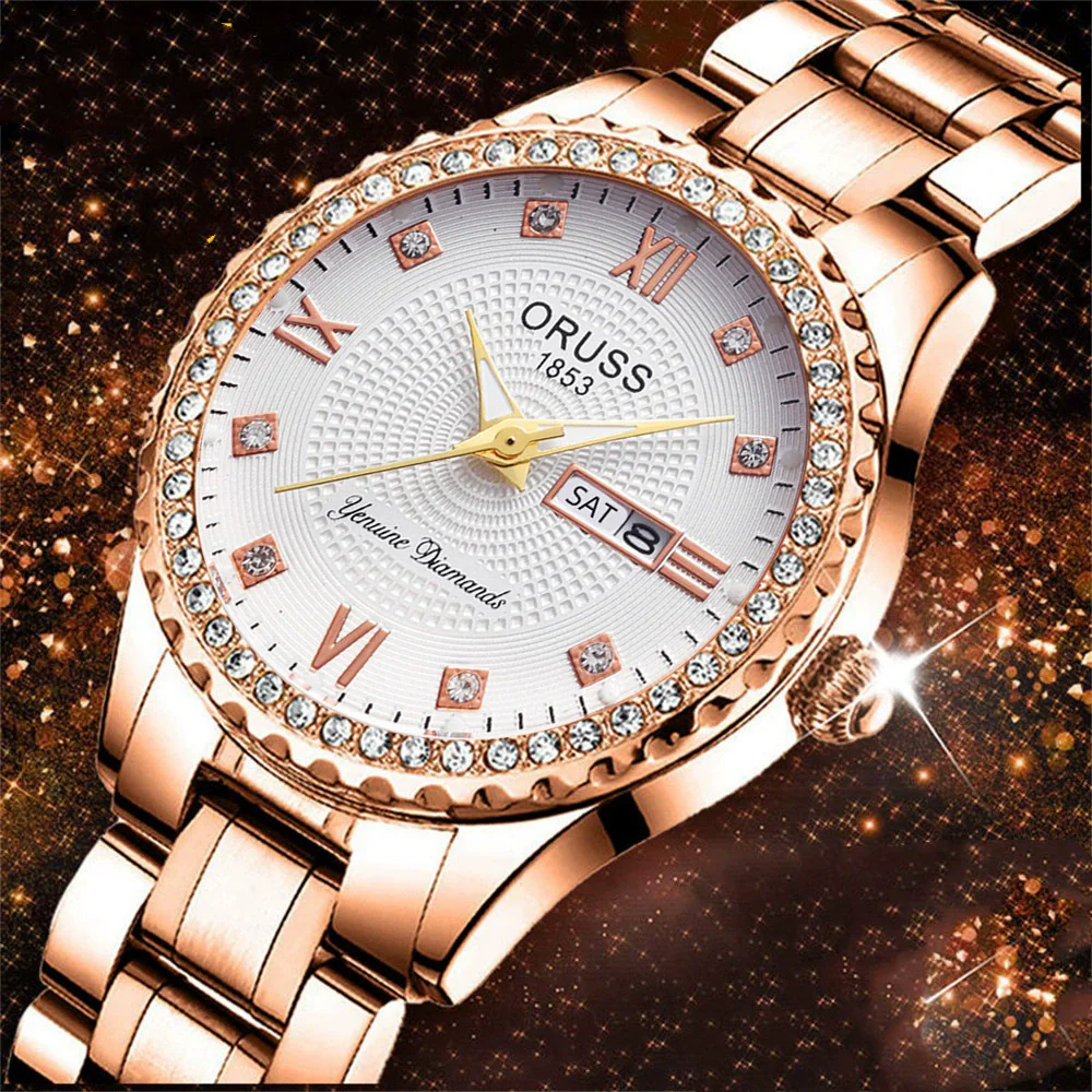Ladies Alloy Watch Diamond Encrusted Round Dial Waterproof Quartz Calendar Fashionable Onion Crown Single Folding Buckle Mineral Reinforced Glass Mirror - Image 2