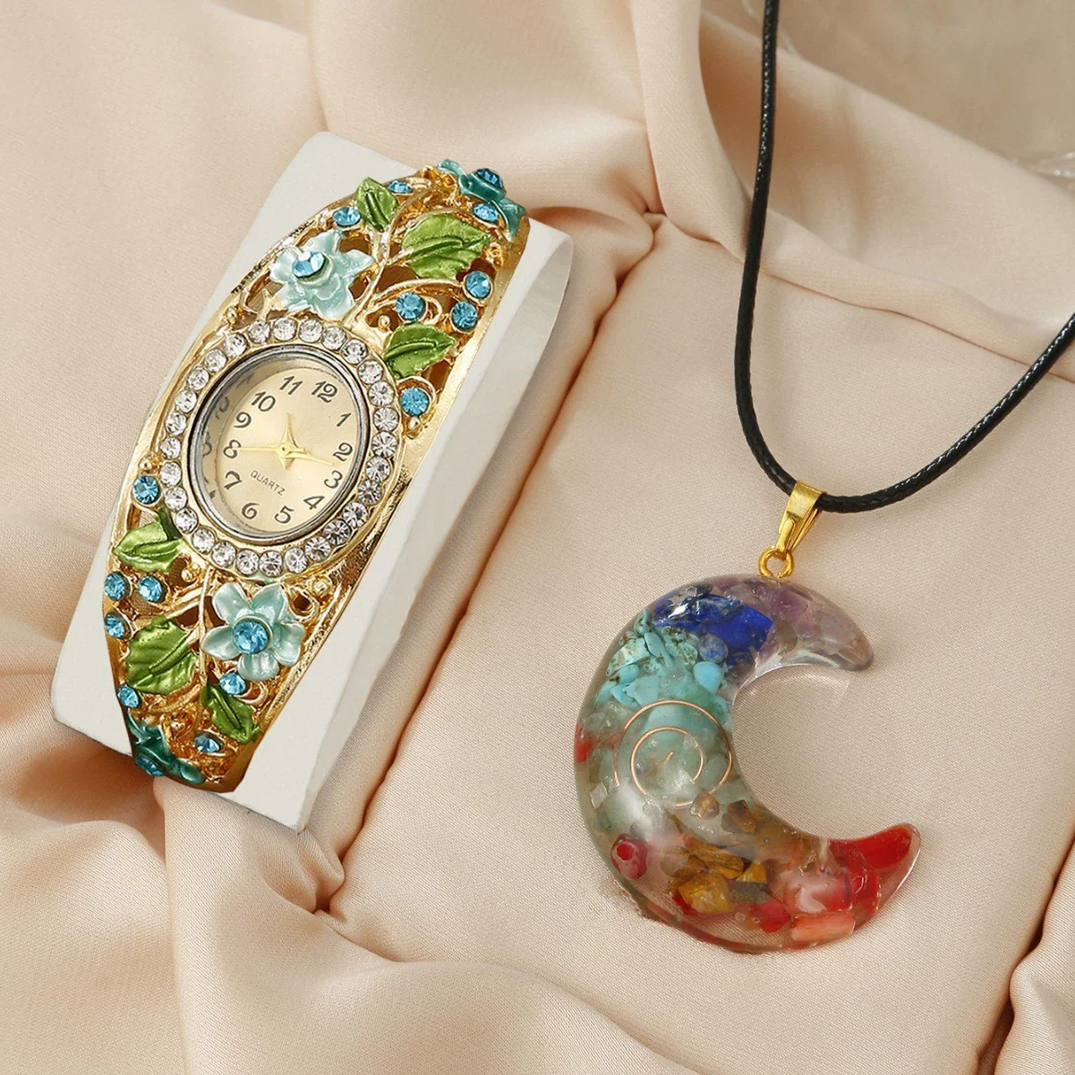 Ladies Cloisonne Flowery Antique Style Alloy Pendant Set With Oval Dial Watch - Image 10