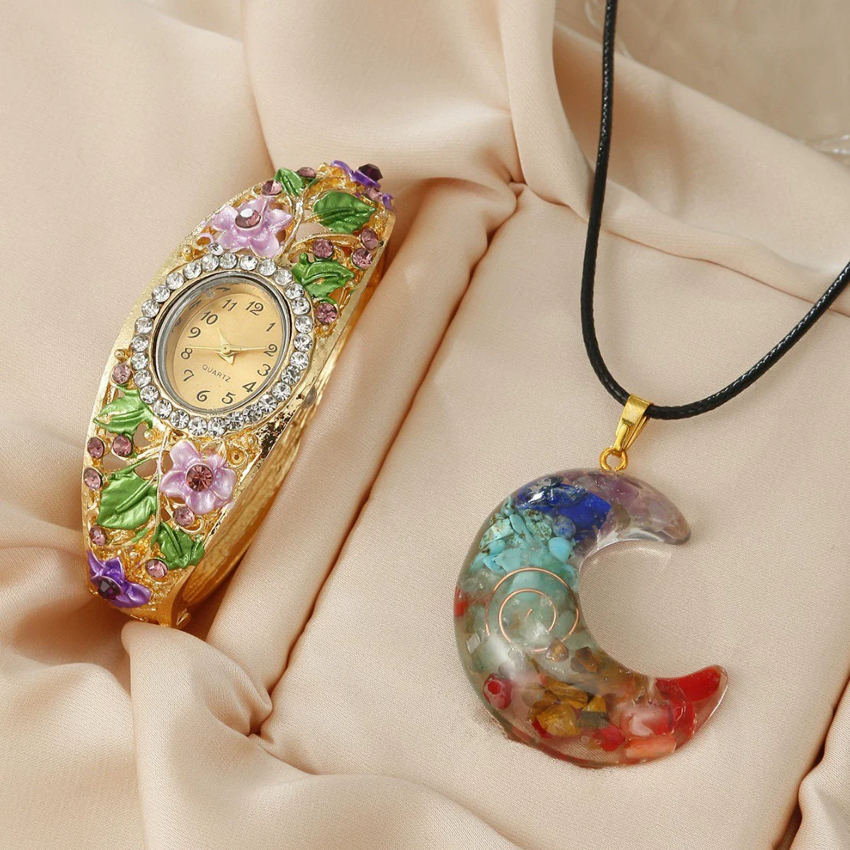 Ladies Cloisonne Flowery Antique Style Alloy Pendant Set With Oval Dial Watch - Image 11