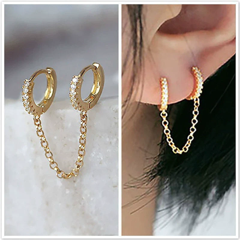 Ladies Copper Inlaid Zircon Geometric Double Ear Hole Conjoined Long Chain Earrings With Electroplating