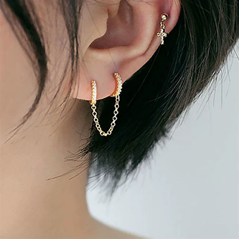 Ladies Copper Inlaid Zircon Geometric Double Ear Hole Conjoined Long Chain Earrings With Electroplating - Image 2