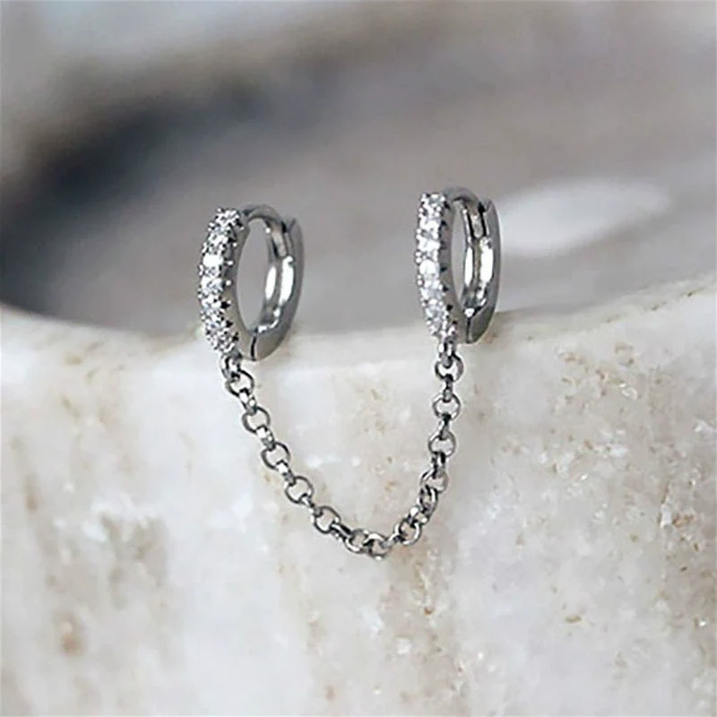 Ladies Copper Inlaid Zircon Geometric Double Ear Hole Conjoined Long Chain Earrings With Electroplating - Image 4