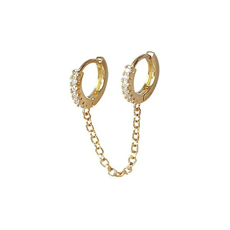Ladies Copper Inlaid Zircon Geometric Double Ear Hole Conjoined Long Chain Earrings With Electroplating - Image 5