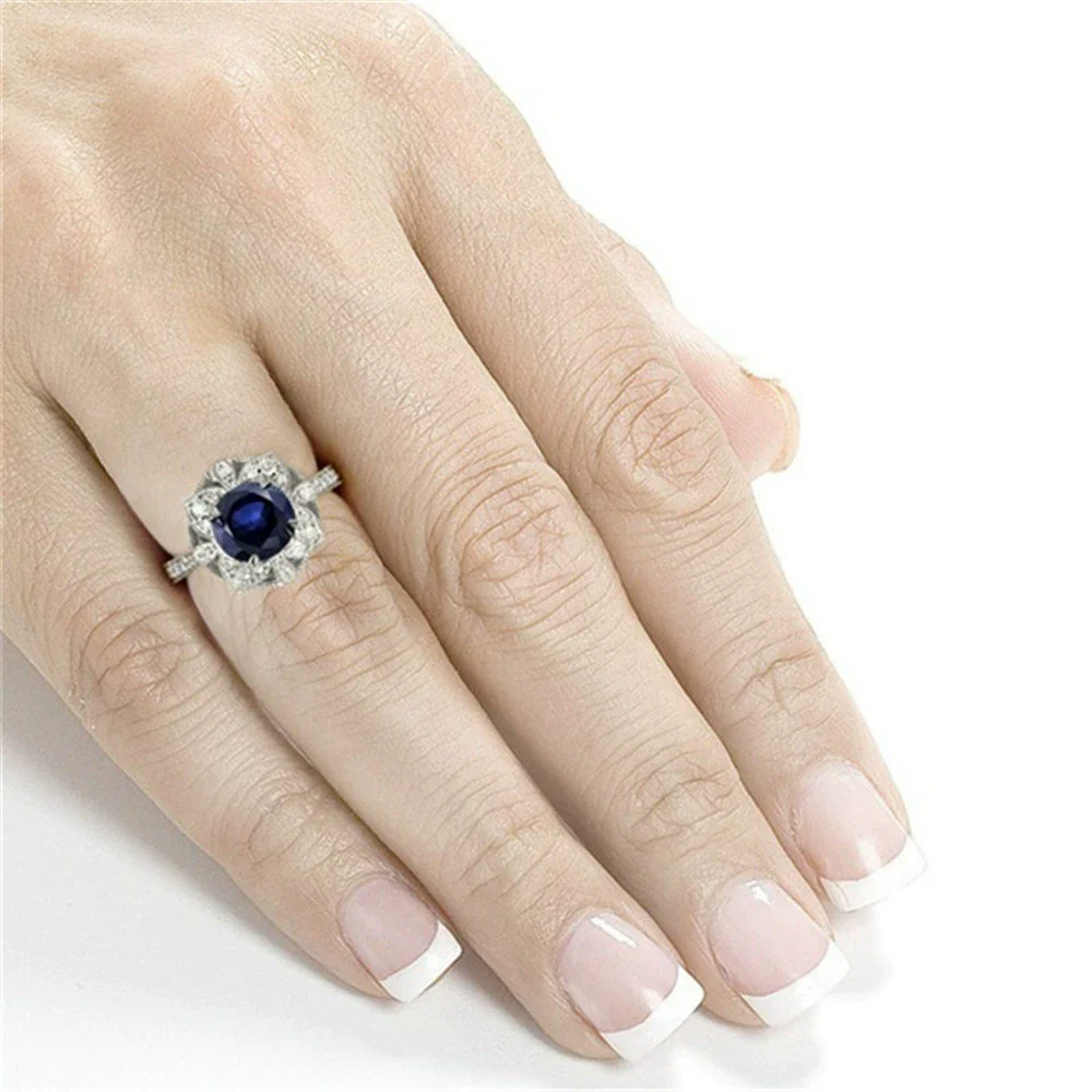 Ladies Copper Ring With Hollow Flower And Blue Zircon Inlay Geometric Style - Image 5