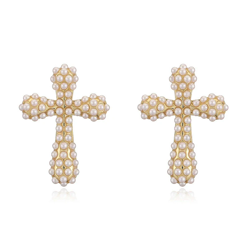 Ladies Elegant Copper Jewelry Inlaid With Pearls Featuring Cross Crown Roman Numerals Pattern For Earrings And Necklace - Image 11