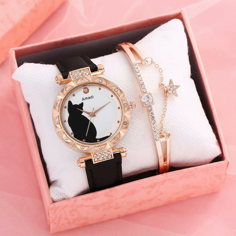 Ladies Fashion Quartz Watch Bracelet Set With Cute Kitten Design Alloy Case Imitation Leather Strap Round Dial