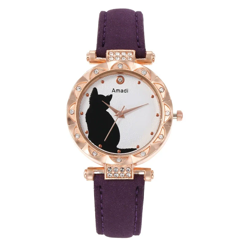 Ladies Fashion Quartz Watch Bracelet Set With Cute Kitten Design Alloy Case Imitation Leather Strap Round Dial - Image 10