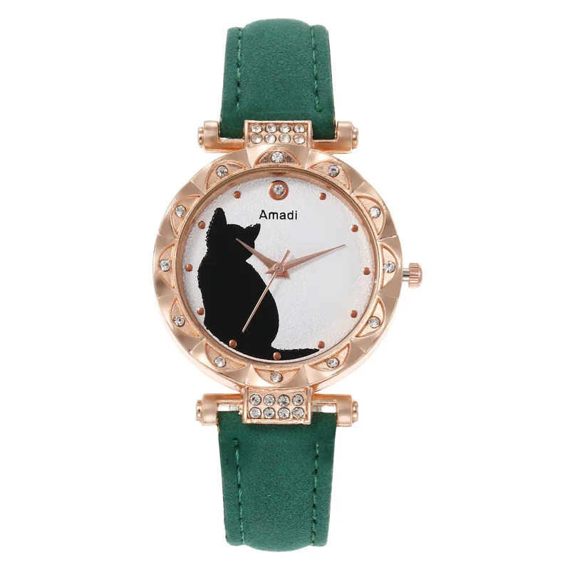 Ladies Fashion Quartz Watch Bracelet Set With Cute Kitten Design Alloy Case Imitation Leather Strap Round Dial - Image 11