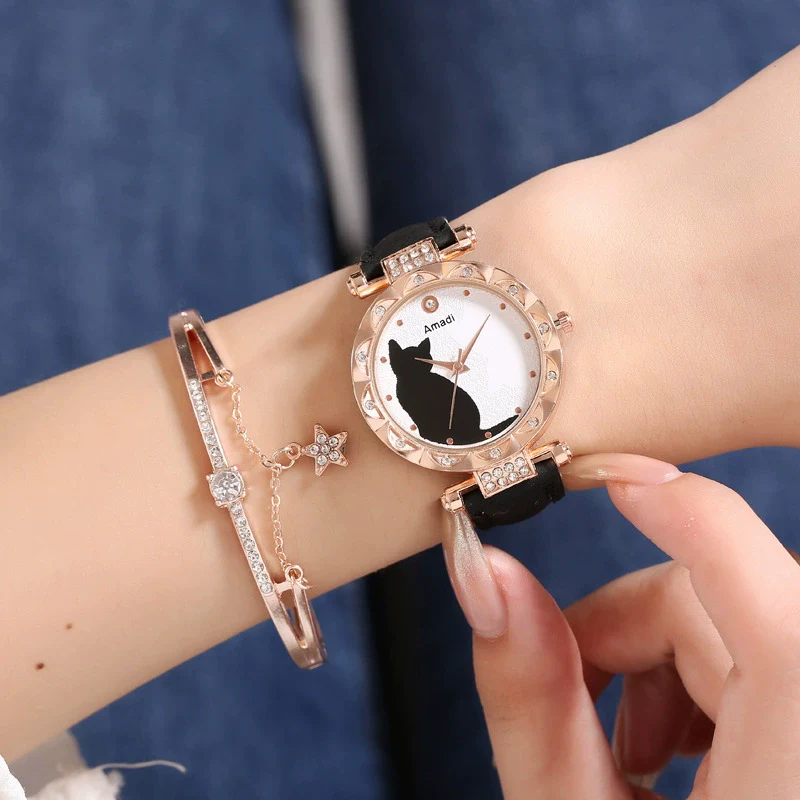 Ladies Fashion Quartz Watch Bracelet Set With Cute Kitten Design Alloy Case Imitation Leather Strap Round Dial - Image 12